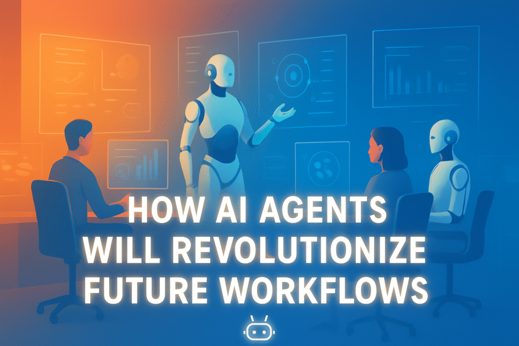 Futuristic office with AI agents and humans collaborating, featuring the title 'How AI Agents Are Reshaping the Future of Work'