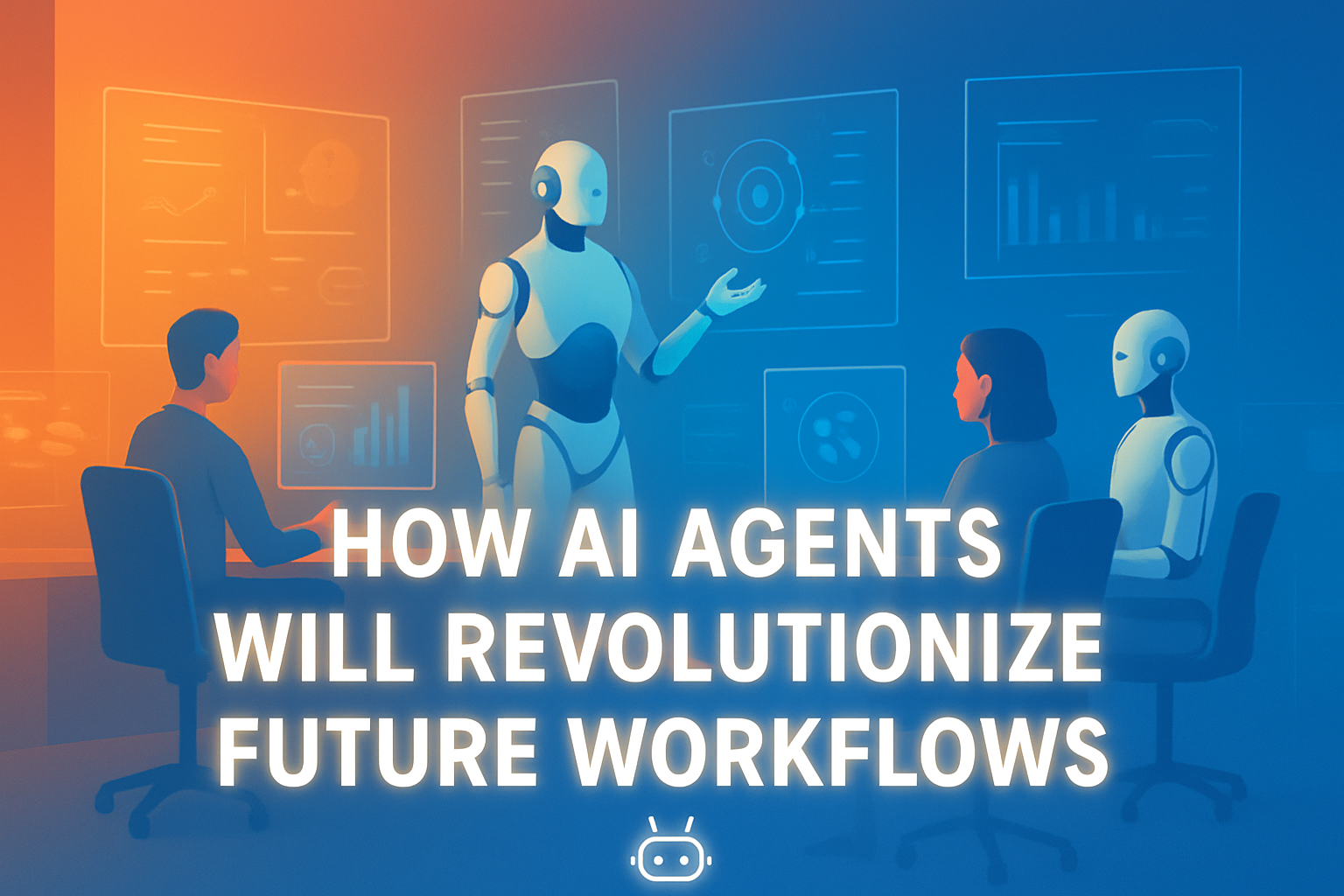 Futuristic office with AI agents and humans collaborating, featuring the title 'How AI Agents Are Reshaping the Future of Work'